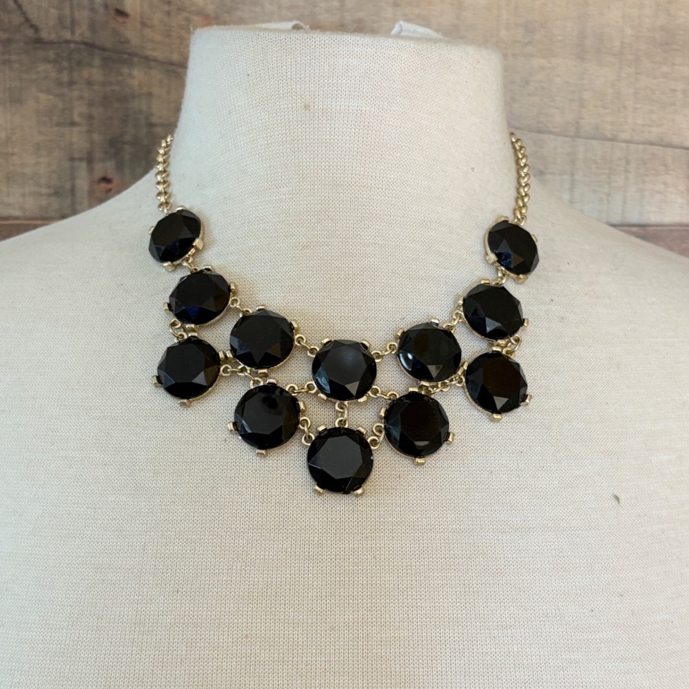 Black Faceted Stone Gold Tone Bib Statement Necklace